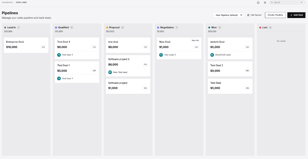 Baseerat pipeline board, Kanban view showing deals across stages with sidebar collapsed